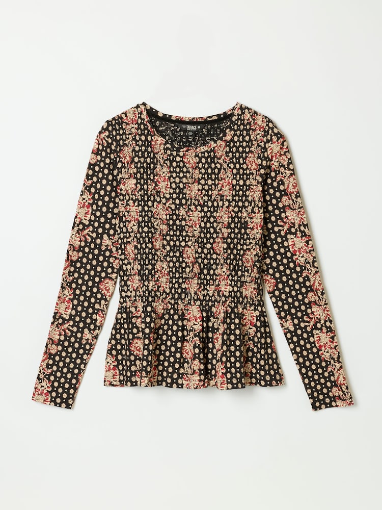 Black Linear Sketch - FatFace Shirred Peplum Top - Obraz 6 z 6