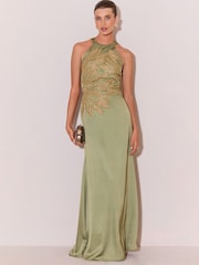 Lipsy Olive Green Premium Satin Mesh Artwork Column Maxi Dress - Image 1 of 5