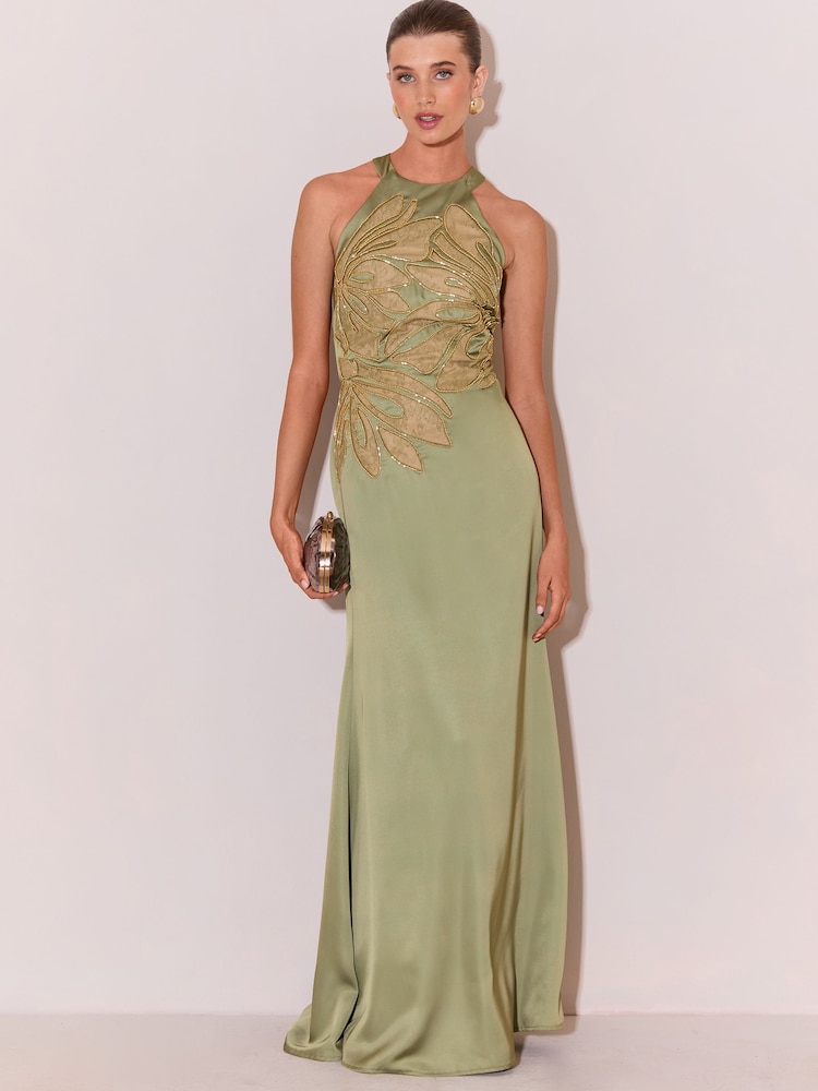 Lipsy Olive Green Premium Satin Mesh Artwork Column Maxi Dress - Image 1 of 5 Lipsy Olive Green Premium Satin Mesh Artwork Column Maxi Dress - Image 1 of 5