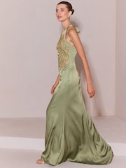 Lipsy Olive Green Premium Satin Mesh Artwork Column Maxi Dress - Image 2 of 5