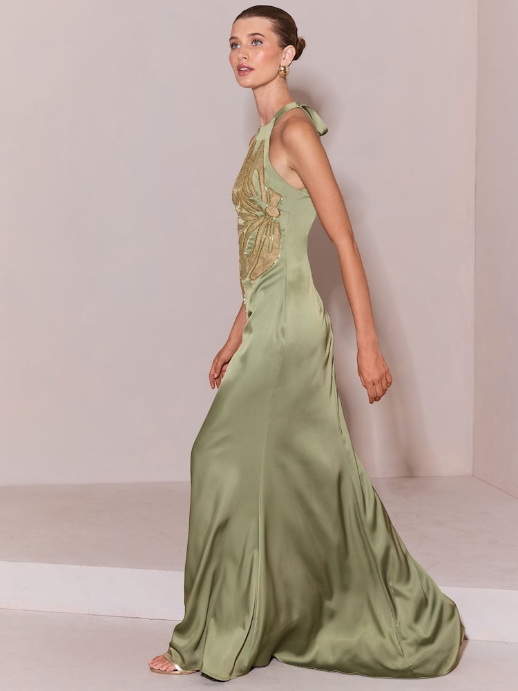 Lipsy Olive Green Premium Satin Mesh Artwork Column Maxi Dress - Image 2 of 5 Lipsy Olive Green Premium Satin Mesh Artwork Column Maxi Dress - Image 2 of 5