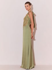 Lipsy Olive Green Premium Satin Mesh Artwork Column Maxi Dress - Image 4 of 5
