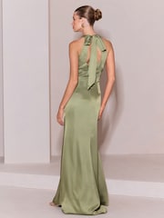 Lipsy Olive Green Premium Satin Mesh Artwork Column Maxi Dress - Image 5 of 5