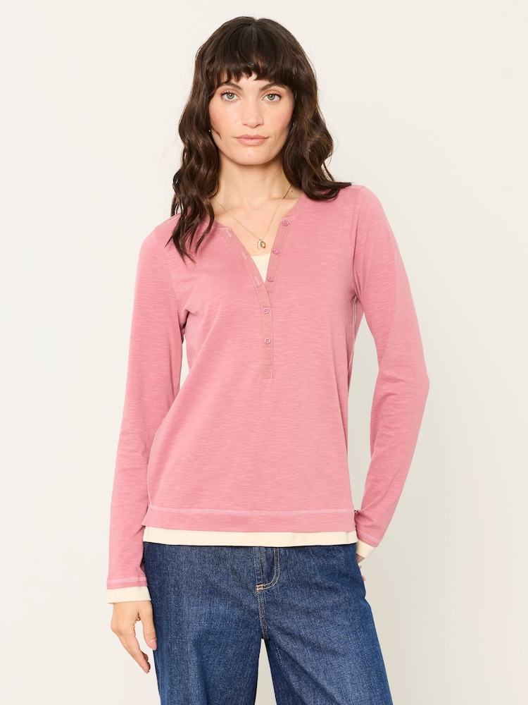 FatFace Mia Dusky Pink Henley Top - Image 1 of 6