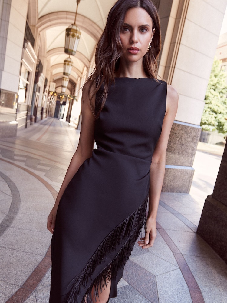 Lipsy Black Sleeveless Asymetric Fringe Hem Bodycon Midi Dress - Image 1 of 6