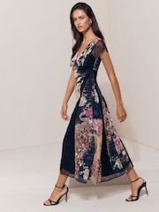 Black Floral Scripted  Print Lace Detail Cape Sleeve Fit And Flare Midi Dress - Image 1 of 5