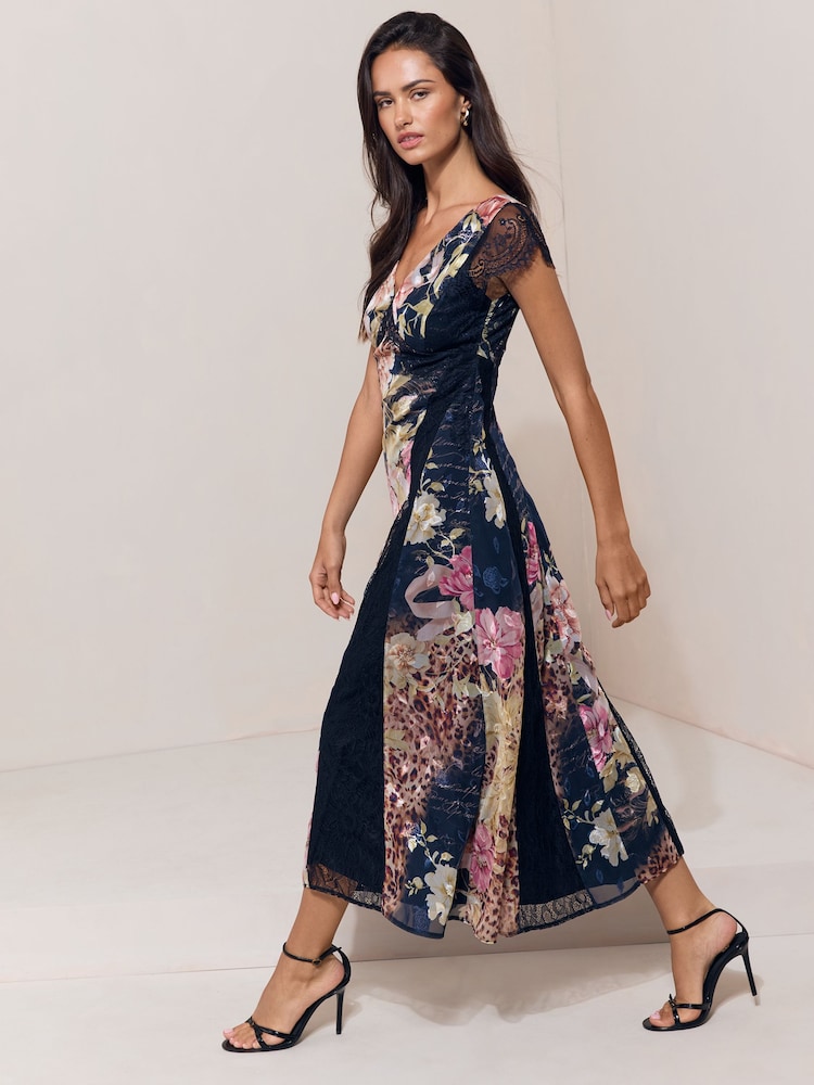 Black Floral Scripted Print Lace Detail Cape Sleeve Fit And Flare Midi Dress - Image 1 of 5 Black Floral Scripted Print Lace Detail Cape Sleeve Fit And Flare Midi Dress - Image 1 of 5