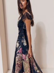 Black Floral Scripted  Print Lace Detail Cape Sleeve Fit And Flare Midi Dress - Image 2 of 5
