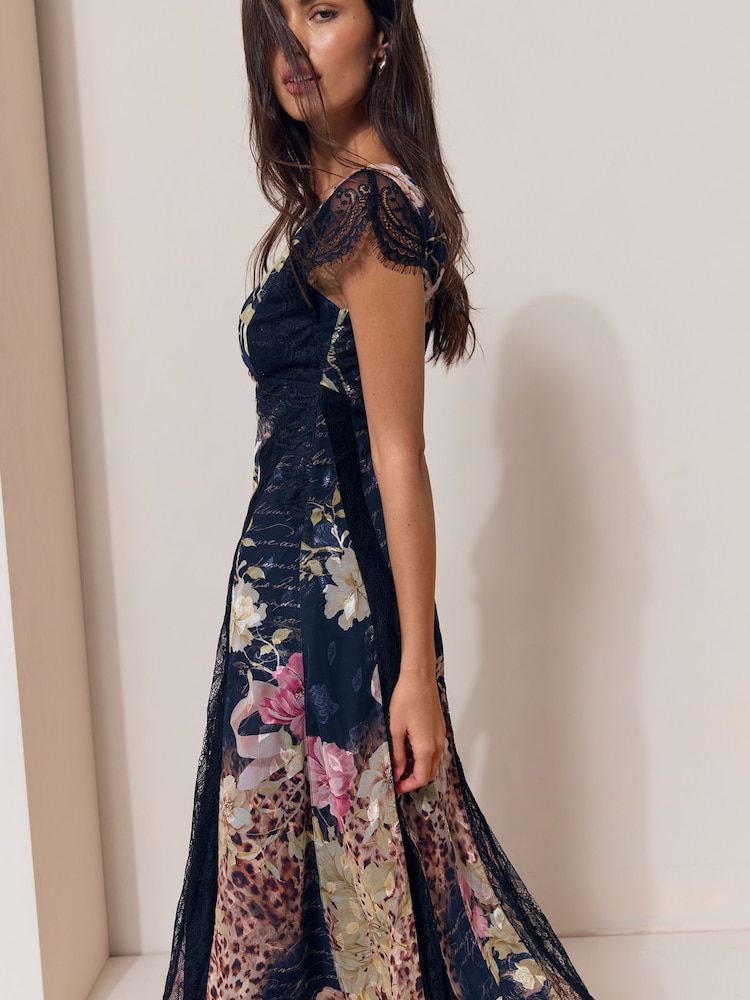Black Floral Scripted Print Lace Detail Cape Sleeve Fit And Flare Midi Dress - Image 2 of 5 Black Floral Scripted Print Lace Detail Cape Sleeve Fit And Flare Midi Dress - Image 2 of 5