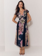 Black Floral Scripted  Print Lace Detail Cape Sleeve Fit And Flare Midi Dress - Image 3 of 5