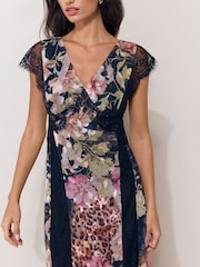 Black Floral Scripted  Print Lace Detail Cape Sleeve Fit And Flare Midi Dress - Image 4 of 5