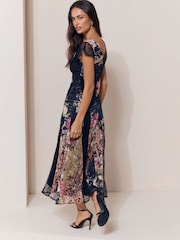 Black Floral Scripted  Print Lace Detail Cape Sleeve Fit And Flare Midi Dress - Image 5 of 5