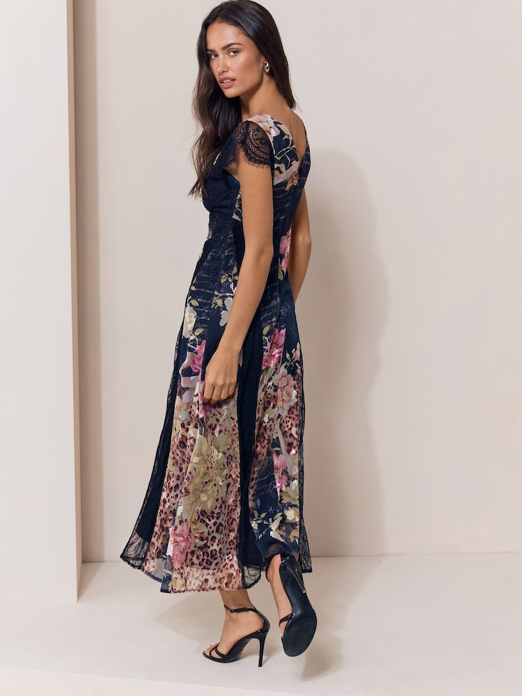 Black Floral Scripted Print Lace Detail Cape Sleeve Fit And Flare Midi Dress - Image 5 of 5 Black Floral Scripted Print Lace Detail Cape Sleeve Fit And Flare Midi Dress - Image 5 of 5