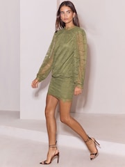 Lipsy Olive Green Long Sleeve Lace Blouson Mini Dress - Image 1 of 6