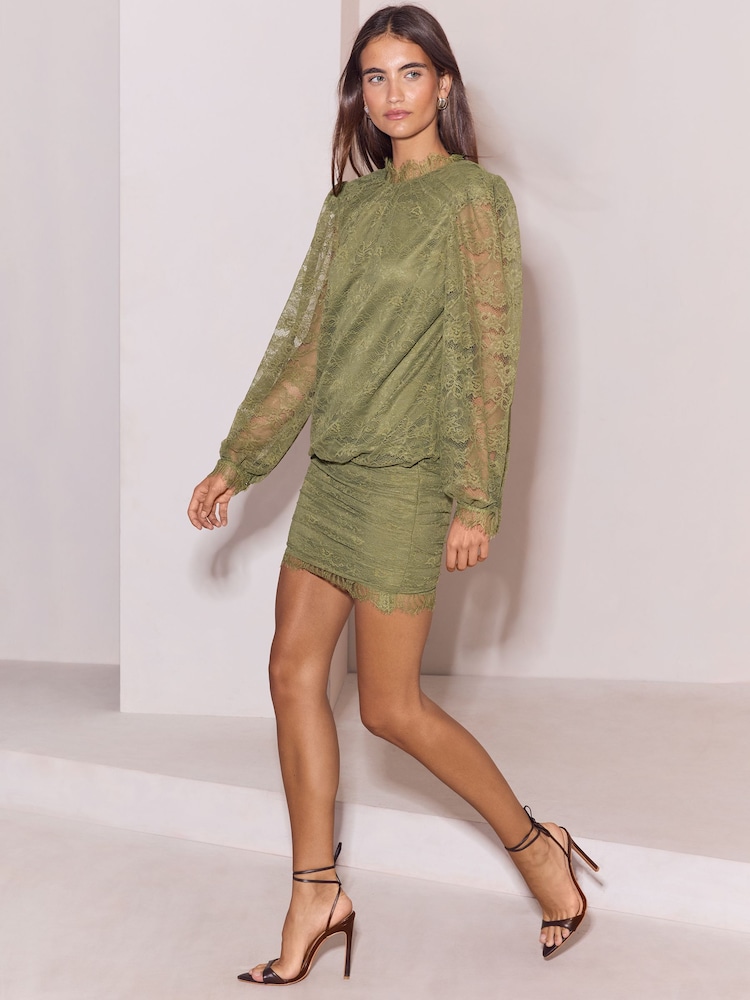 Lipsy Olive Green Long Sleeve Lace Blouson Mini Dress - Image 1 of 6