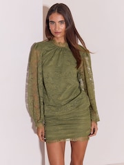 Lipsy Olive Green Long Sleeve Lace Blouson Mini Dress - Image 2 of 6
