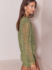 Lipsy Olive Green Long Sleeve Lace Blouson Mini Dress - Image 3 of 6