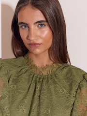 Lipsy Olive Green Long Sleeve Lace Blouson Mini Dress - Image 6 of 6
