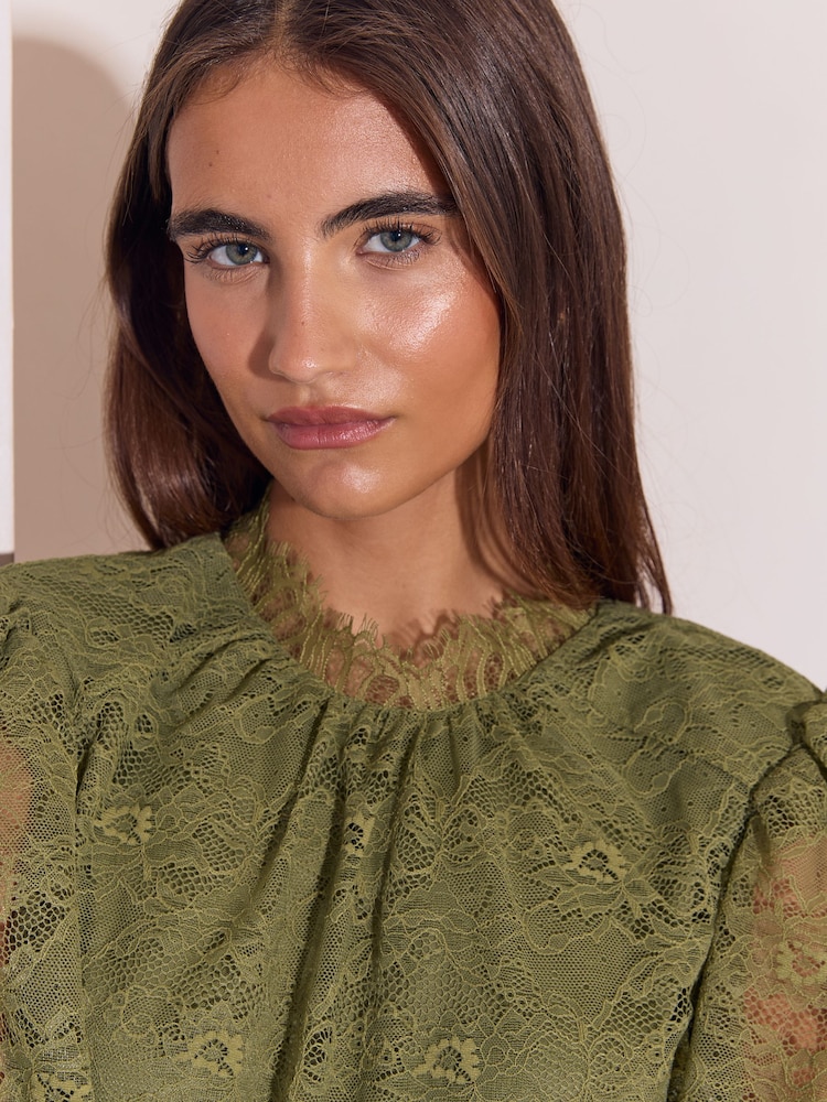 Lipsy Olive Green Long Sleeve Lace Blouson Mini Dress - Image 6 of 6