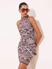 Lipsy Brown Paisley Halter Knitted Mini Dress - Image 1 of 4