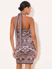 Lipsy Brown Paisley Halter Knitted Mini Dress - Image 4 of 4