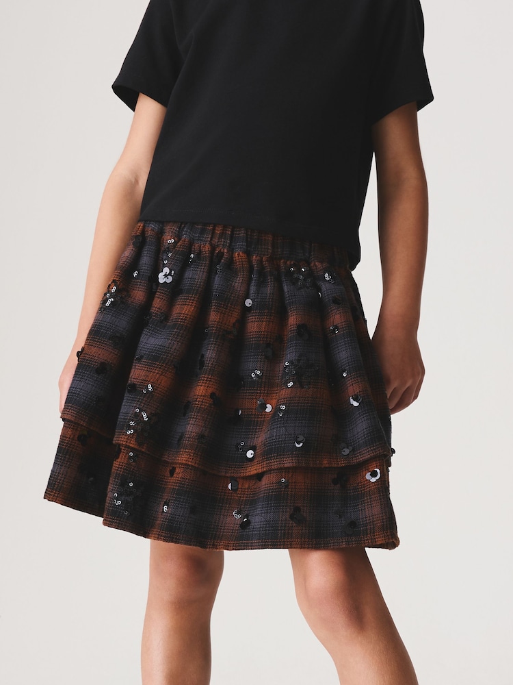 Brown/ Black Sequin Check Rara Skort (3-16yrs) - Image 1 of 8 Brown/ Black Sequin Check Rara Skort (3-16yrs) - Image 1 of 8