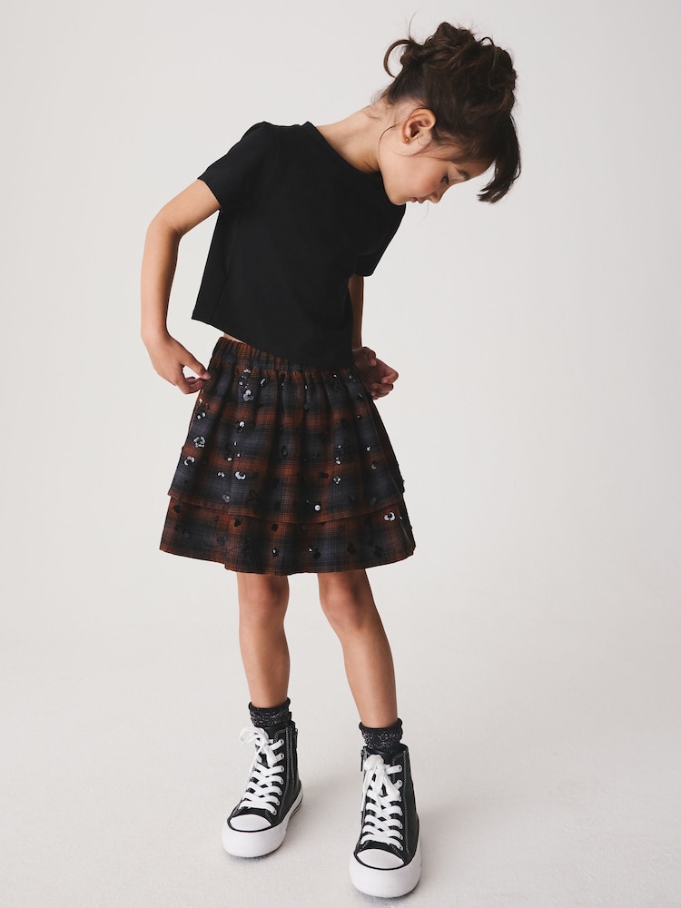 Brown/ Black Sequin Check Rara Skort (3-16yrs) - Image 2 of 8 Brown/ Black Sequin Check Rara Skort (3-16yrs) - Image 2 of 8