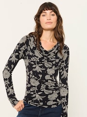 FatFace Lola Black Dot Floral Long Sleeve Cowl Neck Top - Image 1 of 5