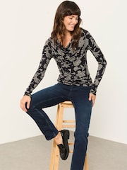 FatFace Lola Black Dot Floral Long Sleeve Cowl Neck Top - Image 4 of 5