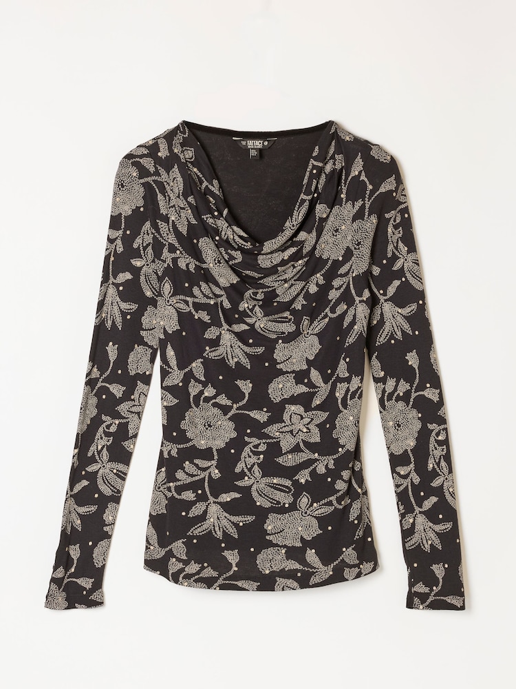 FatFace Lola Black Dot Floral Long Sleeve Cowl Neck Top - Image 5 of 5