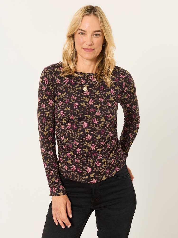FatFace Ruby Brown Winter Floral Ruched Long Sleeve Top - Image 1 of 6 FatFace Ruby Brown Winter Floral Ruched Long Sleeve Top - Image 1 of 6