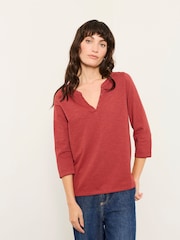 FatFace Aster Red 3/4 Sleeve V-Neck T-Shirt - Image 1 of 5