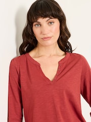 FatFace Aster Red 3/4 Sleeve V-Neck T-Shirt - Image 4 of 5