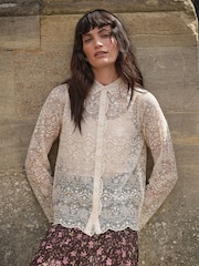 FatFace Lilly 2 in 1 Ivory Lace Shirt with Jersey Cami - Image 1 of 7