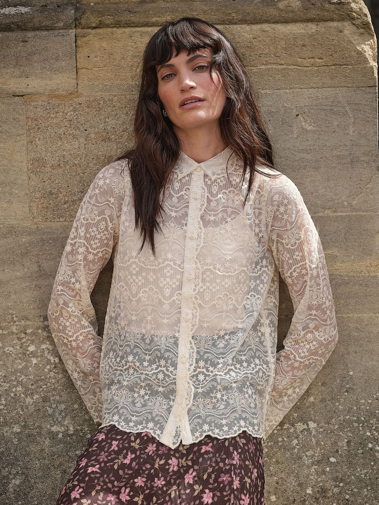 FatFace Lilly 2 in 1 Ivory Lace Shirt with Jersey Cami - Image 1 of 7