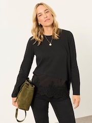 FatFace Fern Black Lace Trim T-Shirt - Image 1 of 5