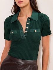 Lipsy Khaki Green Short Sleeve Knitted Polo Top - Image 1 of 5