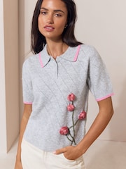 Lipsy Grey Pink Piping 3D Flower Detail Knitted Polo Top - Image 1 of 5
