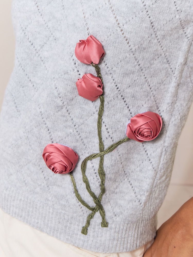 Lipsy Grey Pink Piping 3D Flower Detail Knitted Polo Top - Image 2 of 5