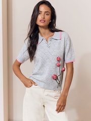 Lipsy Grey Pink Piping 3D Flower Detail Knitted Polo Top - Image 4 of 5