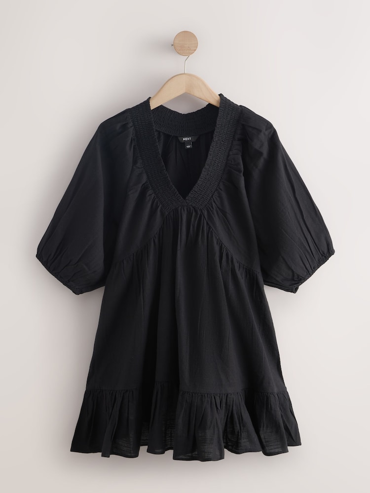 Black V-Neck Puff Sleeve Mini Dress - Image 1 of 3 Black V-Neck Puff Sleeve Mini Dress - Image 1 of 3