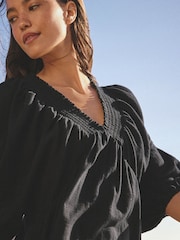 Black V-Neck Puff Sleeve Mini Dress - Image 4 of 7