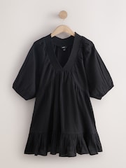 Black V-Neck Puff Sleeve Mini Dress - Image 5 of 7