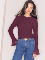 Lipsy Burgundy Red Lace Cuff Detail Knitted Jumper - Image 1 of 4