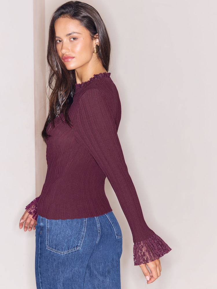 Lipsy Burgundy Red Lace Cuff Detail Knitted Jumper - Image 4 of 4