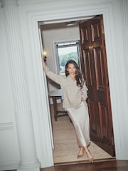 Lipsy x Gemma Owen Neutral V-Neck Lace Detail Jumper - Image 4 of 6