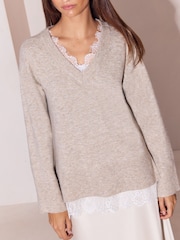 Lipsy x Gemma Owen Neutral V-Neck Lace Detail Jumper - Image 5 of 6
