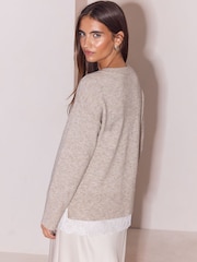 Lipsy x Gemma Owen Neutral V-Neck Lace Detail Jumper - Image 6 of 6