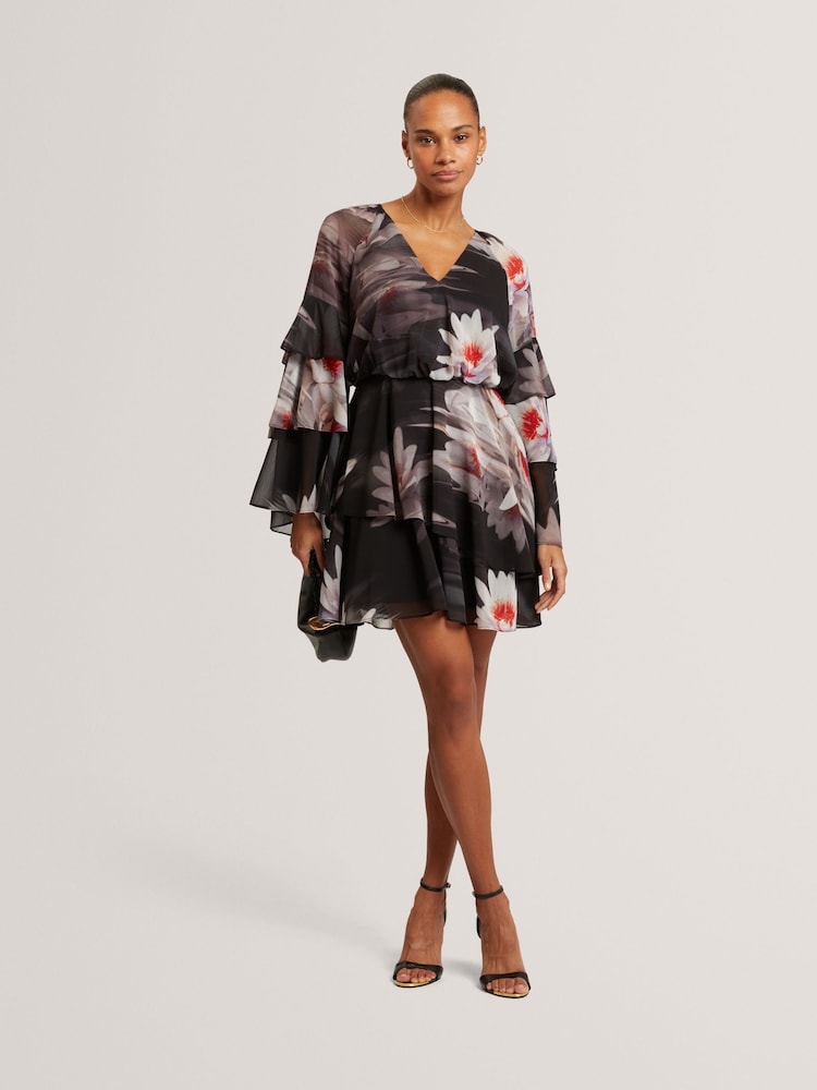 Ted Baker Black Ruffled Long Sleeve Printed Mini Dress - Image 1 of 7 Ted Baker Black Ruffled Long Sleeve Printed Mini Dress - Image 1 of 7