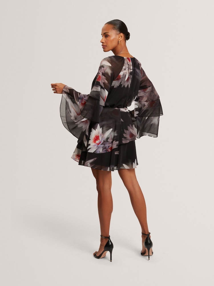 Ted Baker Black Ruffled Long Sleeve Printed Mini Dress - Image 2 of 7 Ted Baker Black Ruffled Long Sleeve Printed Mini Dress - Image 2 of 7